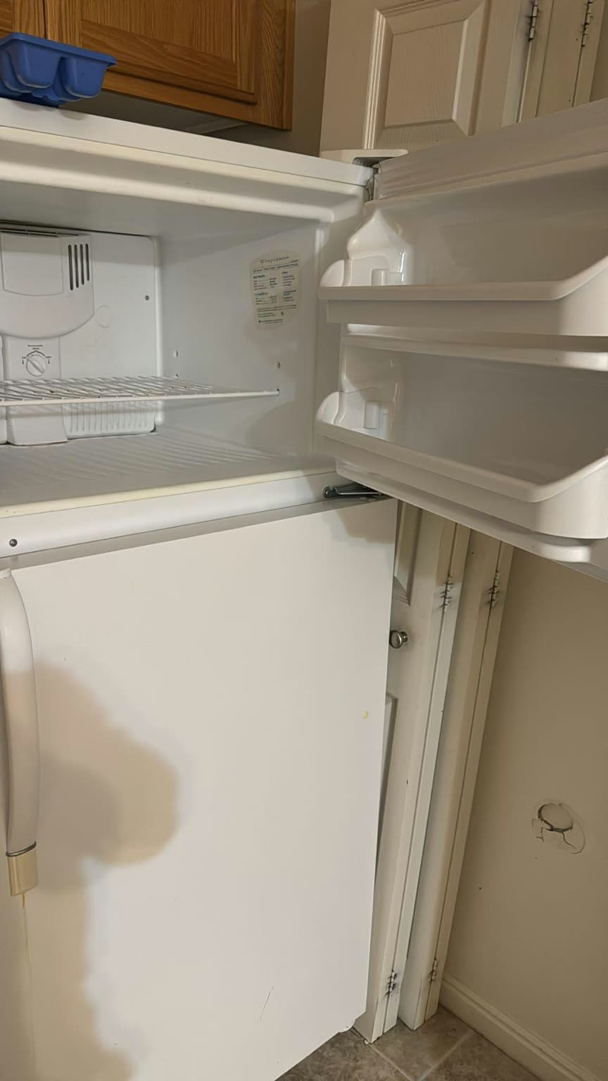 Close-up of the same freezer compartment after cleaning, with a spotless white wire shelf and clean floor