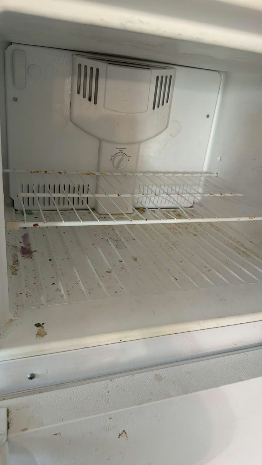 Close-up of a dirty freezer compartment before cleaning, with crumbs, dried spills, and brown buildup on the wire shelf and floor