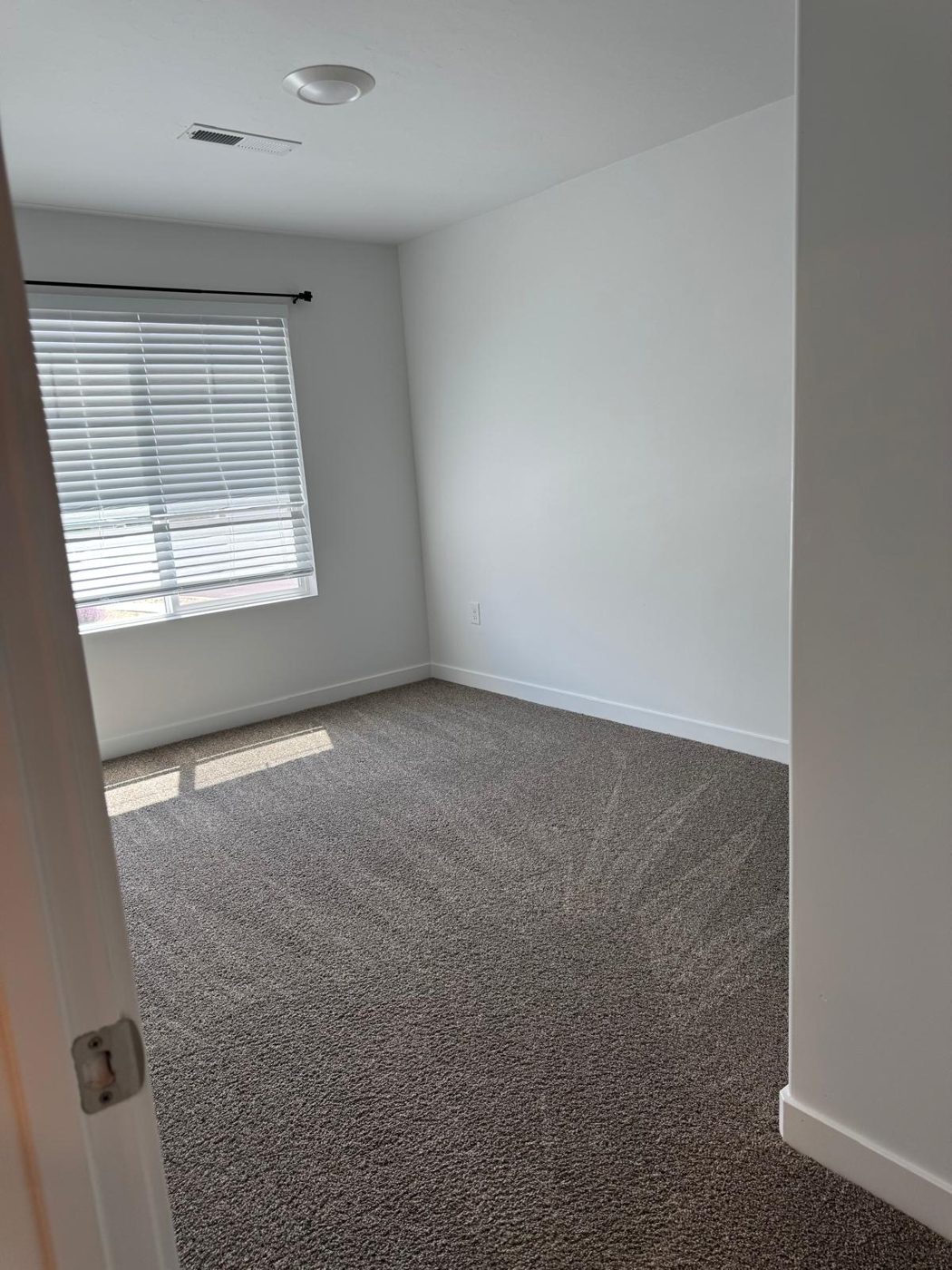 Empty bedroom with freshly vacuumed carpet, clean baseboards, and dusted window blinds after move-out cleaning